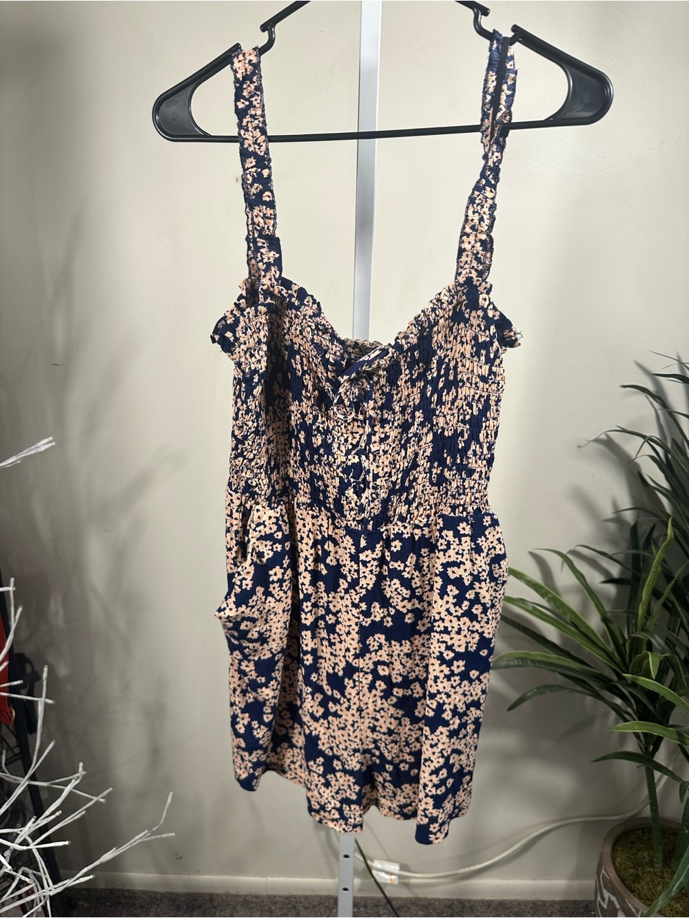 N258. Lily Rose Navy and Peach Floral Print Romper